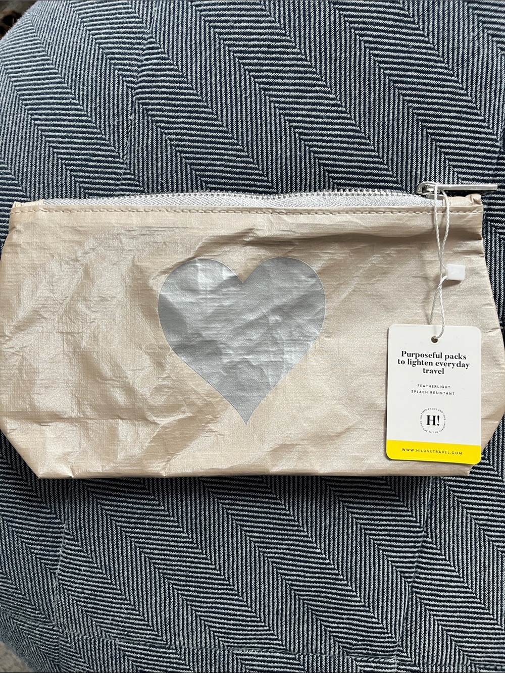 Hi, Love Travel Cream Cosmetic Pouch with Silver Heart